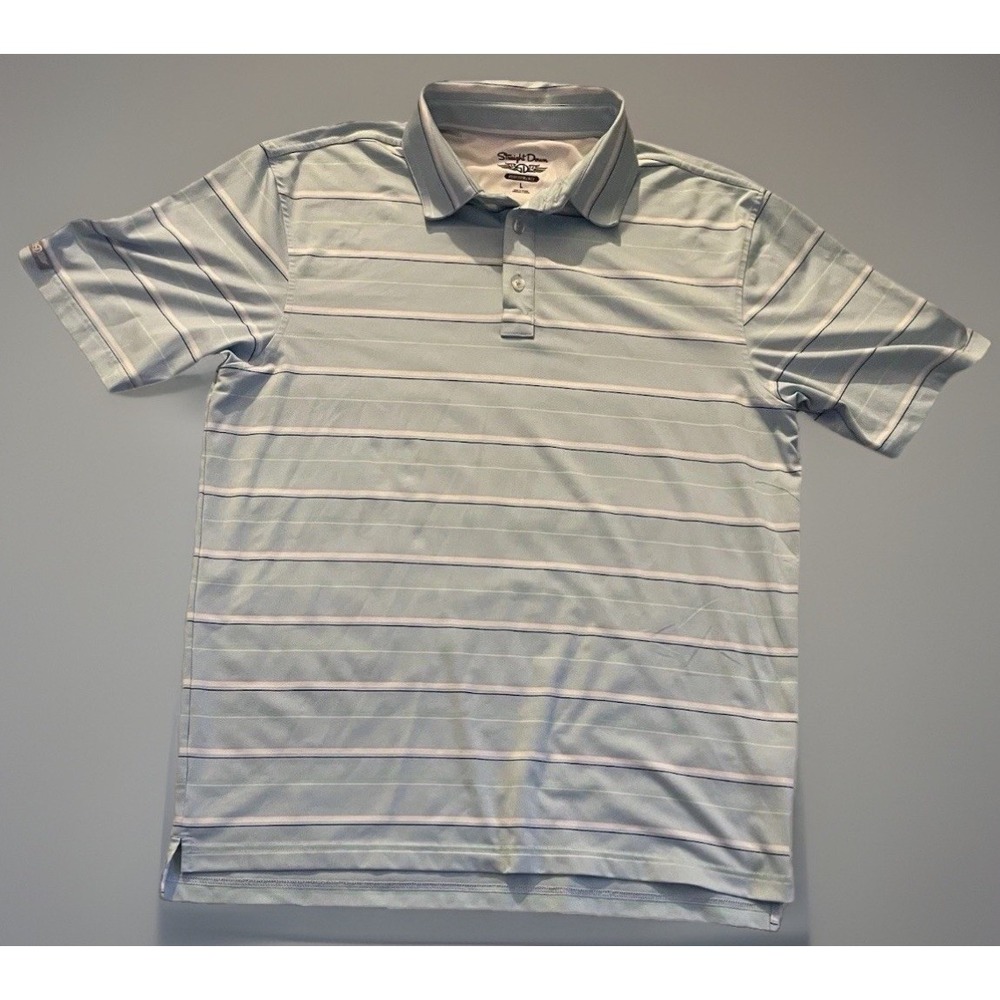 Straight Down Short Sleeve Polo Shirt Blue Stripes Logo Oak Hill Large JBHS